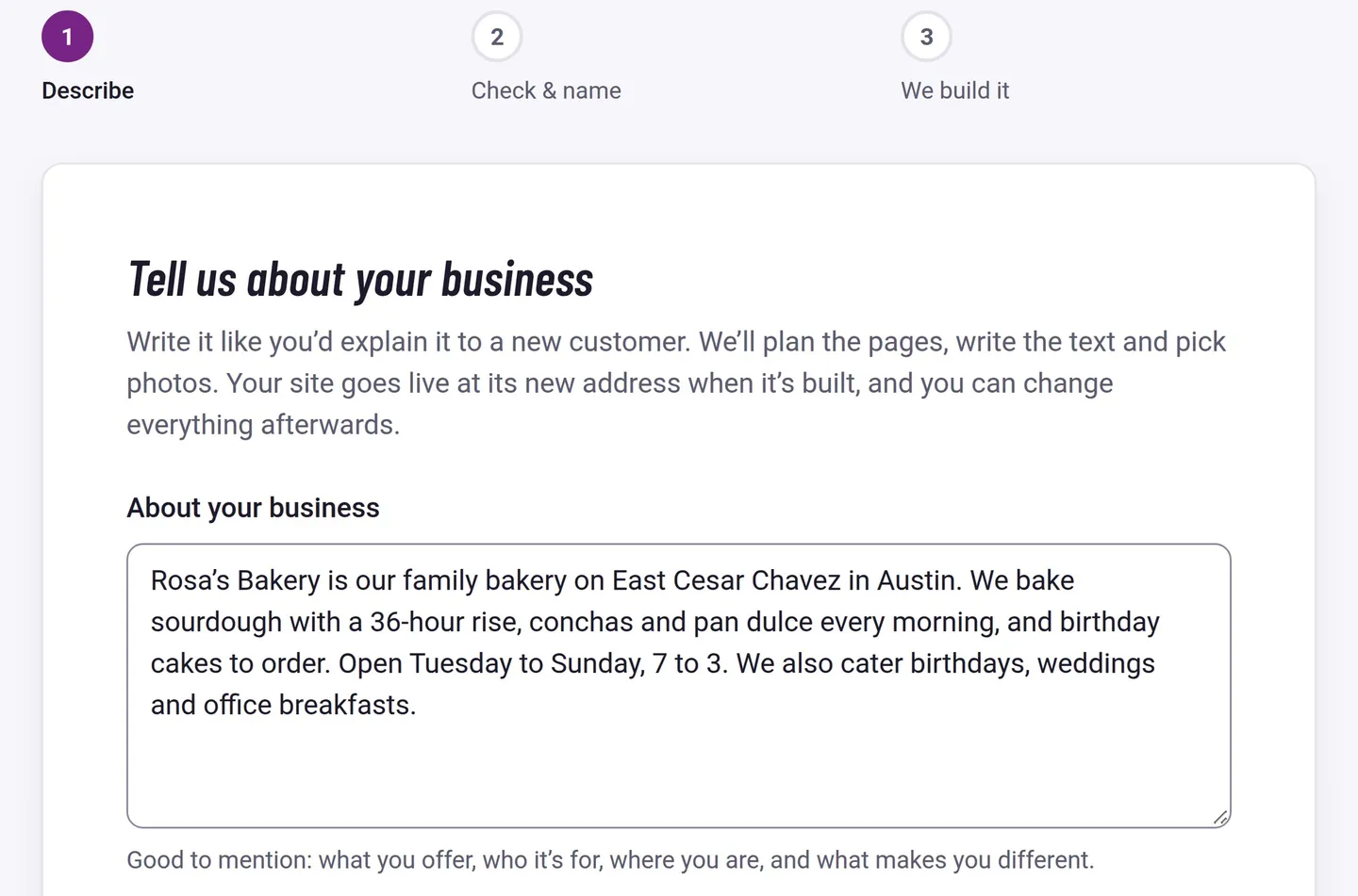 Rosa describing her bakery in a few sentences, the first step of creating a website