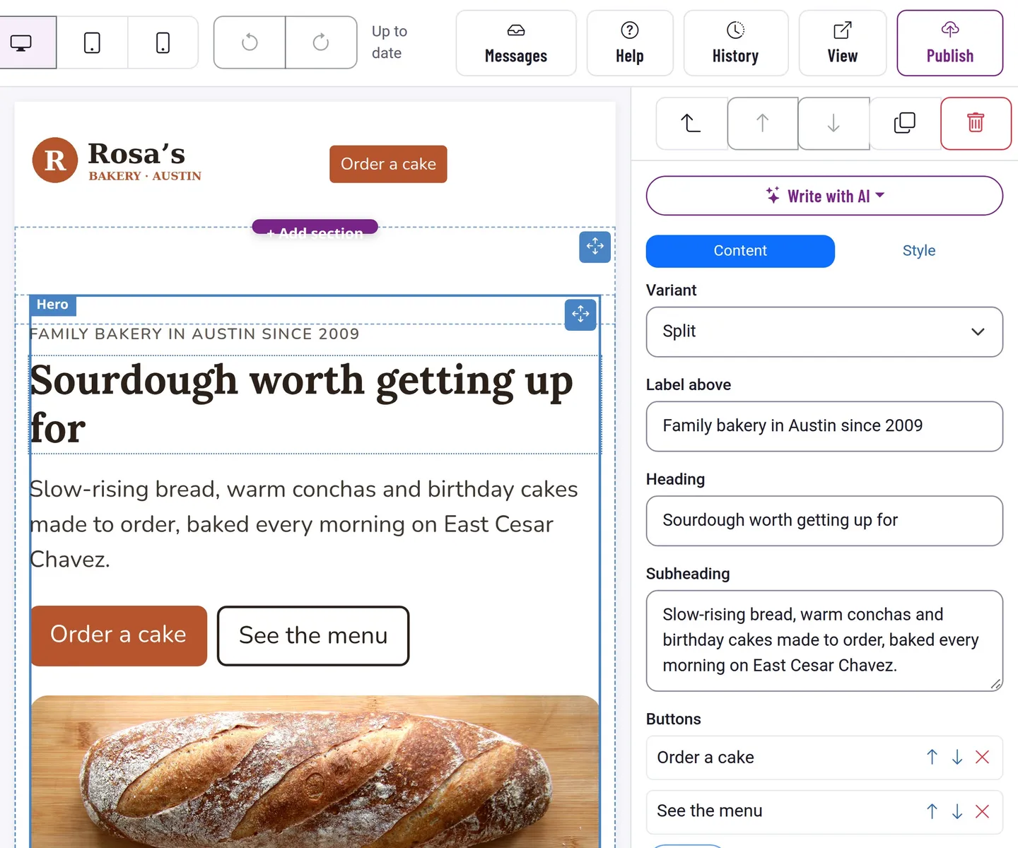 The editor with a bakery’s website open and its hero section selected