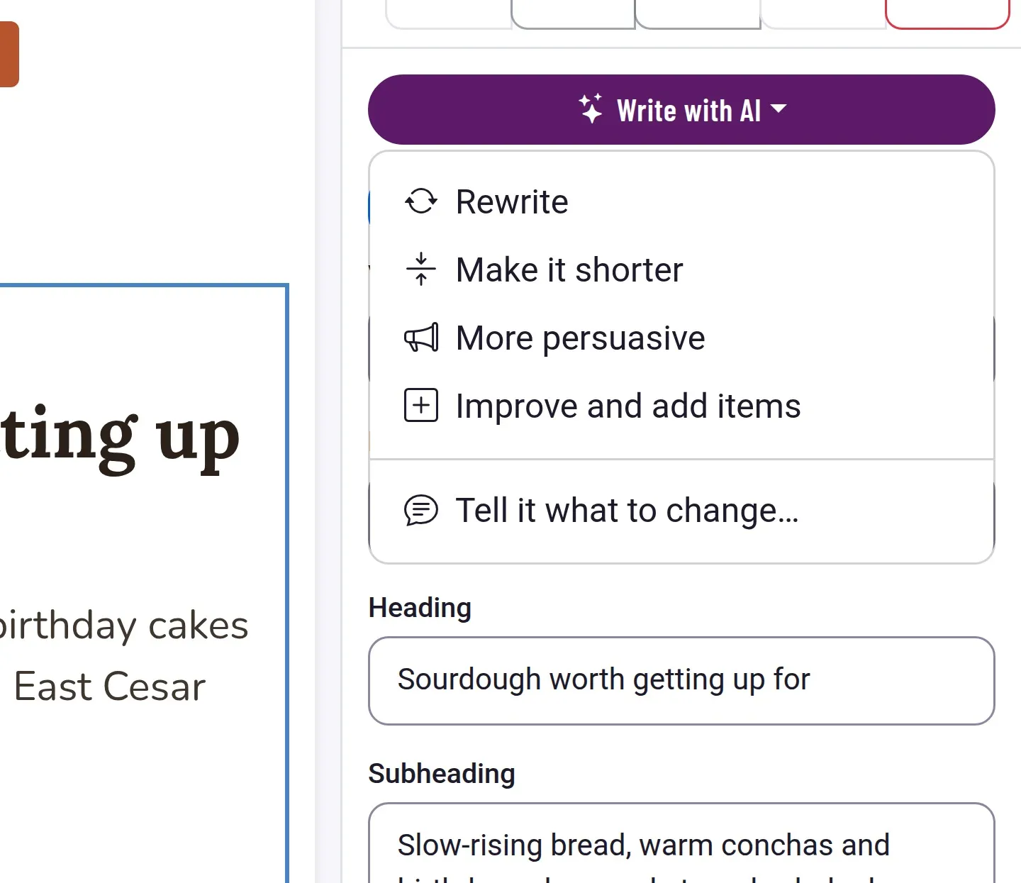 The Write with AI menu in the editor