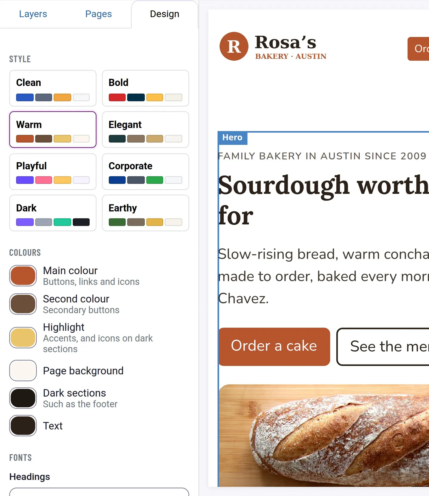 The Design tab with styles, colours, fonts and a logo
