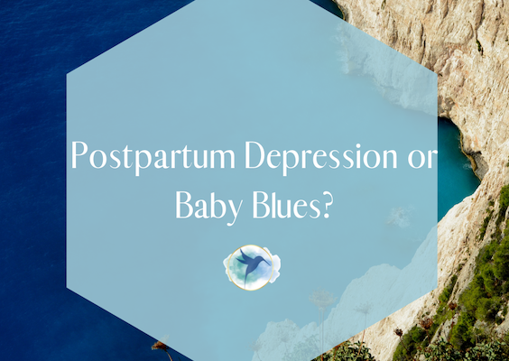 Blue pentagon shape with text "Postpartum Depression or Baby Blues?" Blue hummingbird logo under text